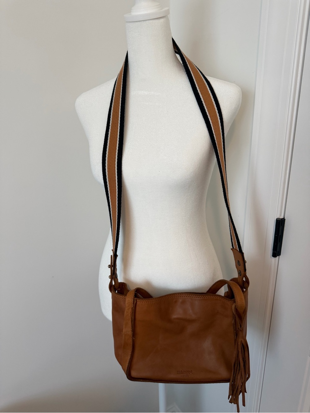 Margot New York Brown Leather Crossbody Bag with Striped Strap